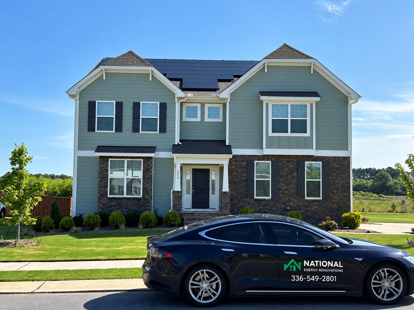 National Energy Renovations branded Tesla parked in front of a Raleigh NC home with a rooftop all-black solar panel installation